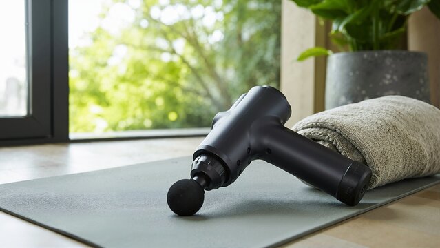 Black massage gun resting on a yoga mat with a towel. Handheld percussion device for muscle recovery and physical therapy. Post-workout relaxation and wellness concept