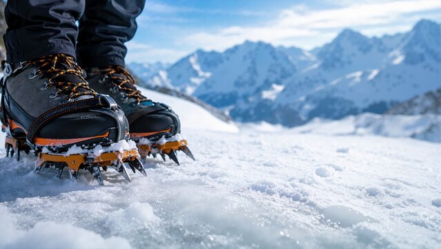 Mountaineering boots with metal crampons standing on glacial ice. Close-up of winter climbing footwear on a snowy alpine peak. Extreme outdoor adventure and alpinism concept