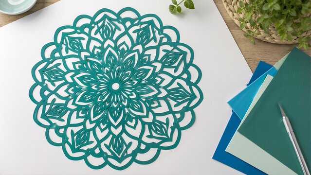 Intricate teal paper cut mandala pattern on a white desk. Circular geometric design with craft knife and colored sheets. Creative paper crafting hobby concept