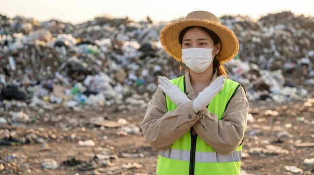 Woman wearing mask and safety vest at landfill site.