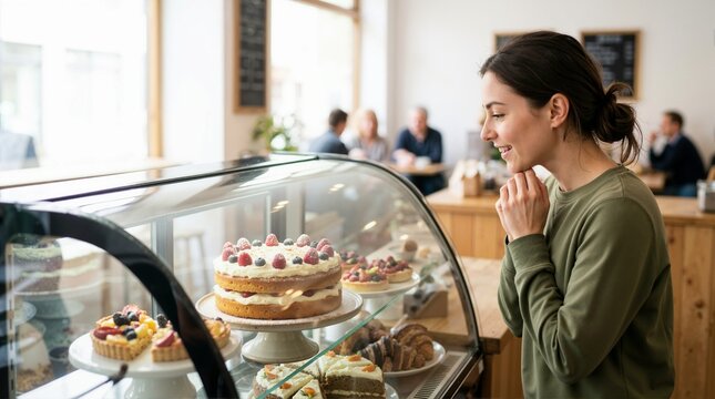 Woman looking at a cake inside a bakery display case. Smiling female customer choosing a sweet dessert in a local cafe. Retail shopping and pastry selection
