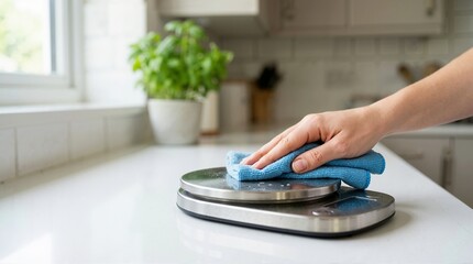 Fototapeta premium Person wiping down a digital kitchen scale with a blue microfiber cloth. Hand cleaning a household appliance on a white countertop. Domestic hygiene and chore concept