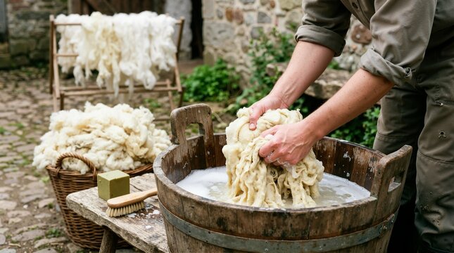 Artisan washing raw wool by hand in a wooden tub. Traditional textile processing with soapy water and natural materials. Craftsmanship and heritage concept