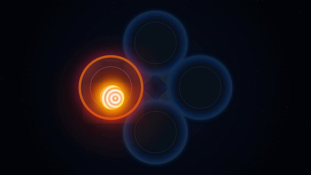 Glowing Interconnected Nodes: An abstract digital animation featuring interconnected circular chambers, with a bright, glowing orange energy node at the top and dark blue rings below against a black b