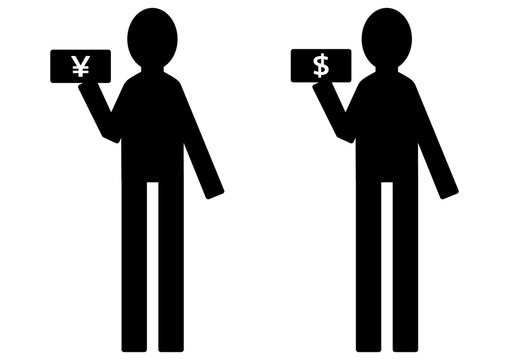 日本円と米ドルを持つ人物のピクトグラム・両替や外貨・札束や紙幣を提示するピクト人型アイコン・円安・円高・為替・会計・通貨・決済
