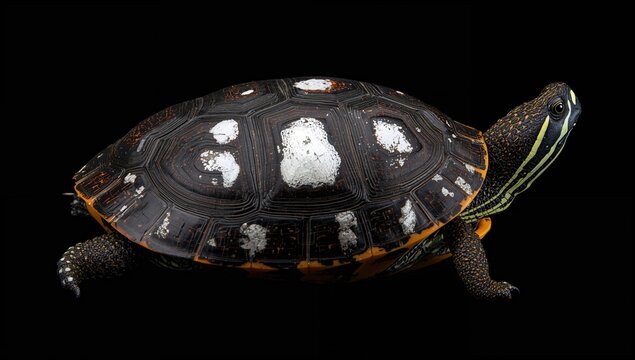 Turtle with Distinctive Shell Pattern on Black Background