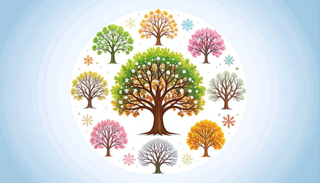 Vibrant circular vector illustration showing trees in four seasons around a central tree of life, evoking harmony and the natural cycle of time. Perfect background with no people.