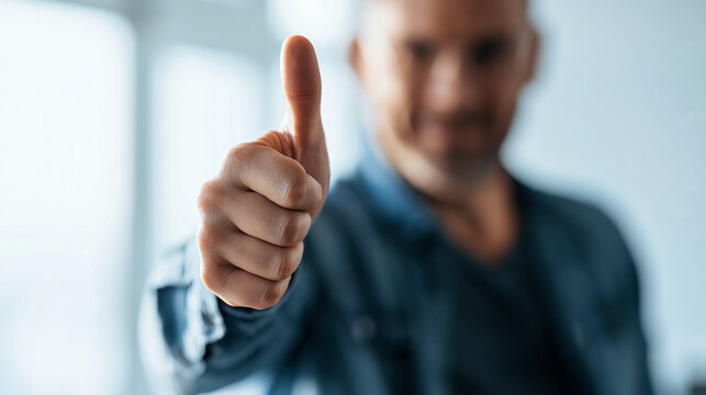 Close-up of a smiling man giving a thumbs up toward the camera, expressing approval, agreement and a positive response.