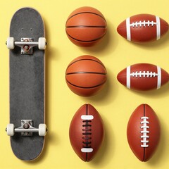 Diverse sports equipment including basketballs, footballs, and a skateboard