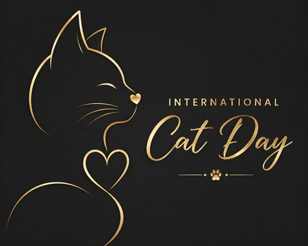 International cat day golden line art illustration with cat profile and hearts on black background