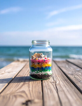 A bright glass jar filled with colorful layered pebbles and seashells rests on a sunny wooden pier by the tranquil ocean, evoking joyful summer memories with nobody in sight.