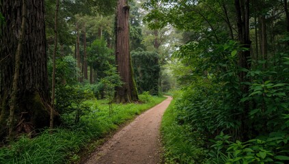 Fototapeta premium Forest Pathway Surrounded by Tall Trees and Lush Greenery on a Foggy Day