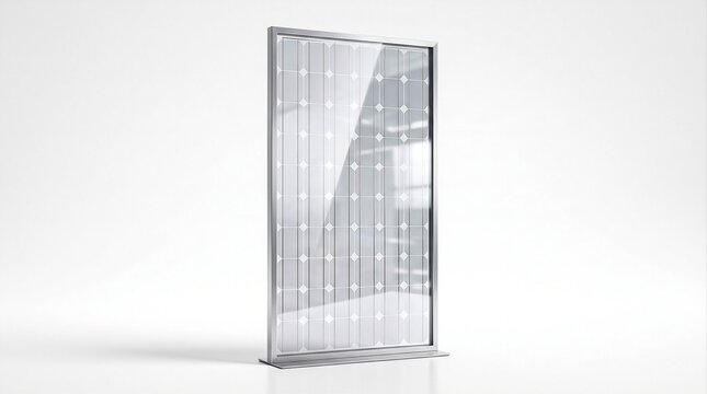 Modern bifacial glass solar panel isolated on white background for advanced renewable energy technology concepts.