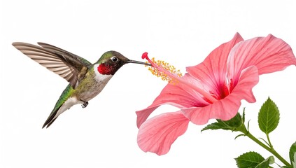 Naklejka premium Hummingbird Feeding on a Pink Hibiscus Flower with Isolated Background