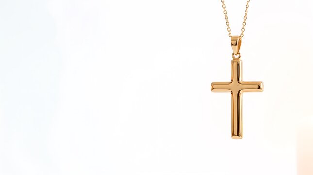 A beautiful golden cross pendant hanging on a delicate gold chain against a white background.