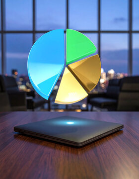 A glowing 3D holographic pie chart floats above a sleek laptop in a corporate office at night, evoking success and innovation. Conceptual business tech render with no people.