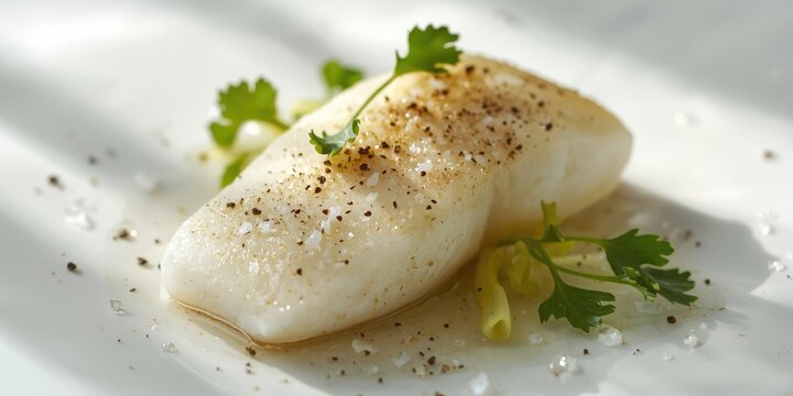 Seared White Fish Fillet Garnished with Fresh Herbs and Spices on a Plate