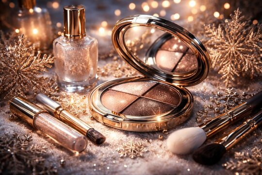Glamorous Makeup Products on a Sparkling Background with Warm Holiday Lights