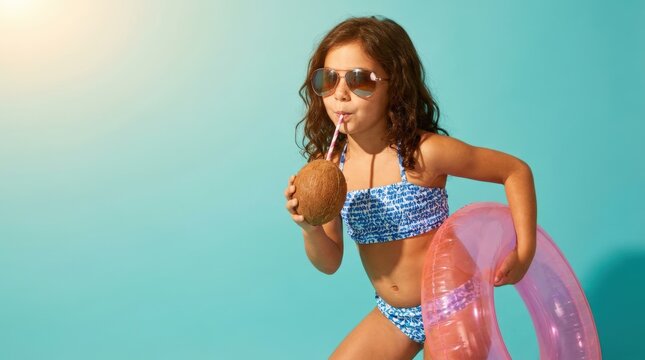 Young girl in bikini and sunglasses drinks coconut water with inflatable ring.