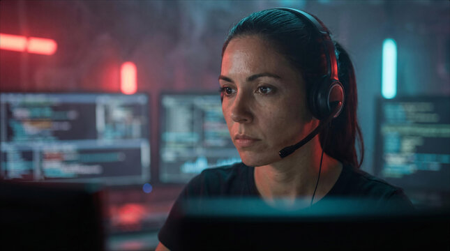 Focused Female Software Developer Programming On Multiple Monitors In Dimly Lit Tech Office Environment With Cyberpunk Neon Lighting Cyber Security Specialist Working Late Night On Code Development
