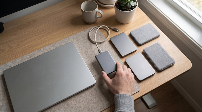 Minimalist Workspace Desk Setup Featuring Silver Laptop External Hard Drive USB-C Connectivity Modern Professional Productivity Tech Accessories Clean Office Interior, Digital Gadgets, Data backup