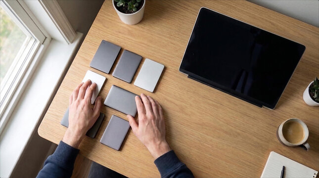 Top Down View Hands Organizing Minimalist Modern Portable External Hard Drive Storage Devices On Wood Desk Workspace Setup and Tablet, Setup Office Productivity Technology Equipment, Data backup