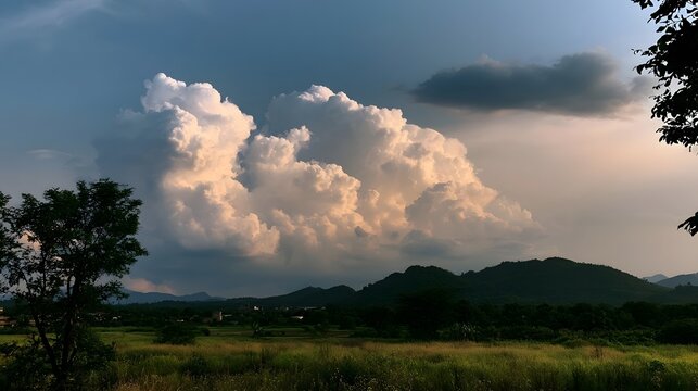 Dramatic cumulonimbus clouds tower over rolling hills and green fields under a moody sky at dusk