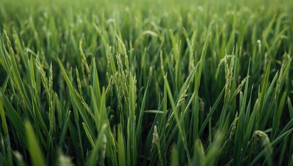 Fototapeta premium Lush Green Rice Field with Emerging Sprouts Under Soft Natural Light