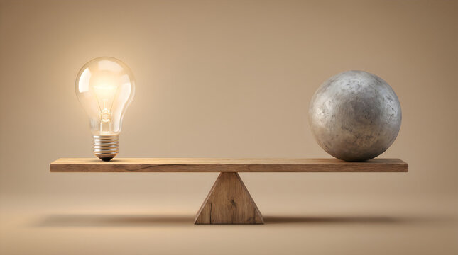Creative intelligence value comparison balancing lightbulb and stone on wooden seesaw scale