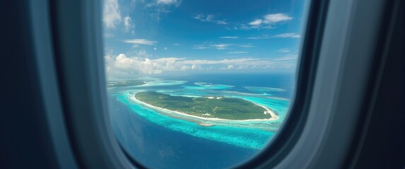 Naklejka premium Aerial View of Tropical Island Surrounded by Turquoise Waters Under a Clear Sky
