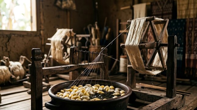 Traditional silk production process with cocoons and spinning wheel
