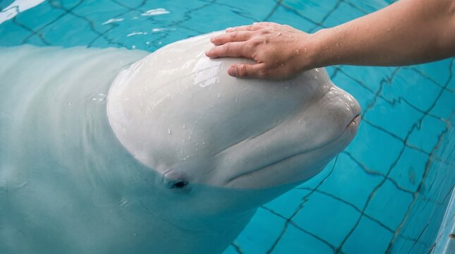 A person's hand gently strokes the smooth, white head of a beluga whale in a clear blue pool, showing a moment of interaction and care.