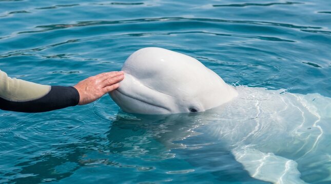 A person's hand gently strokes the smooth head of a friendly white beluga whale in clear blue water.