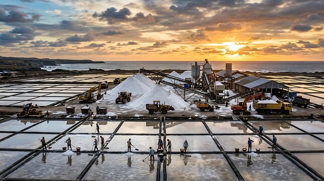 Workers harvesting salt at a coastal evaporation farm during sunset