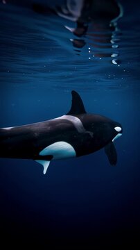 Majestic killer whale orca swimming gracefully in deep blue ocean water with sunlight rays filtering from the surface in a serene underwater marine environment during natural daylight