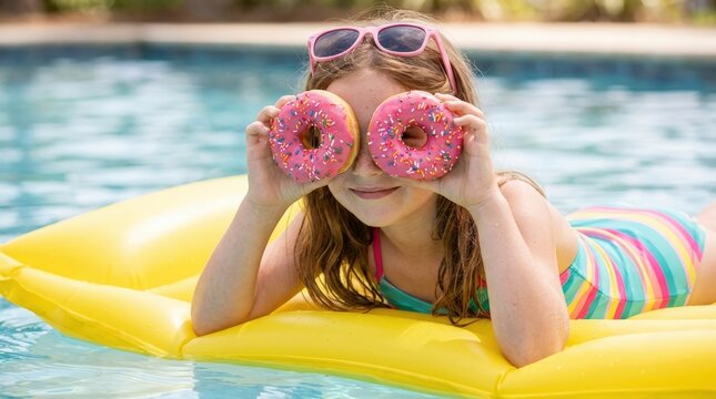 Young girl with donuts over eyes floating in swimming pool on yellow inflatable.