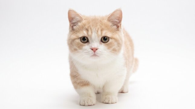A cute light orange and white Munchkin kitten with short legs looking directly at the camera on a plain white background.