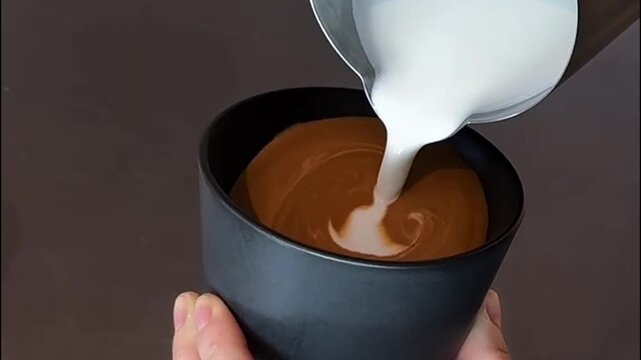 Barista pouring milk for heart rosette latte art in black cup