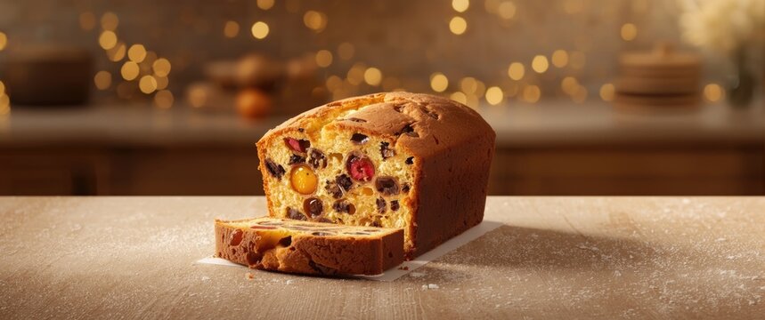 Freshly Baked Fruitcake Sliced on a Kitchen Counter with Warm Bokeh Background