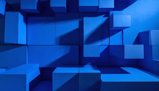 Abstract background of vibrant blue geometric cubes and sharp dramatic shadows, evoking a sense of modern structure, creativity, and technology. There are no people.