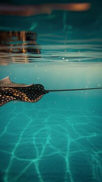 Majestic spotted eagle ray swimming gracefully through clear turquoise ocean water during a beautiful tropical sunset with sunlight shimmering on the sea floor and caustic light patterns