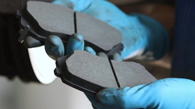Two new brake pads for a car in men's hands.