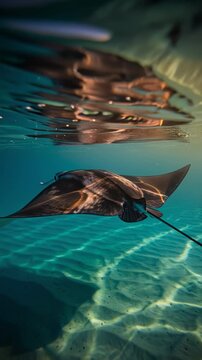 Majestic stingray swimming gracefully through clear turquoise ocean water near the surface with sunlight ripples reflecting on the sandy seabed in a tropical marine environment