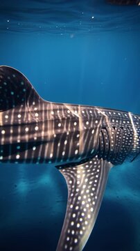 Majestic whale shark swimming gracefully in the deep blue ocean water with sunlight rays filtering through the surface creating a beautiful pattern of light and shadow on its skin