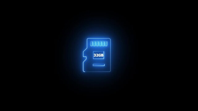 Neon glowing cyan color 32 GB SD card icon on black background animation. 4k video Sim Card neon sign appear icon center. Animated neon icon.4k motion video
