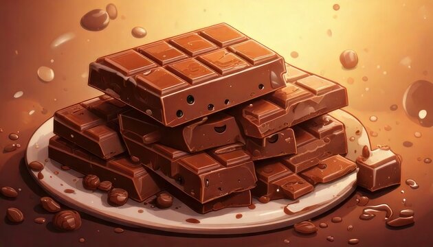 Delicious Stack of Rich Dark Chocolate Bars on a White Plate.