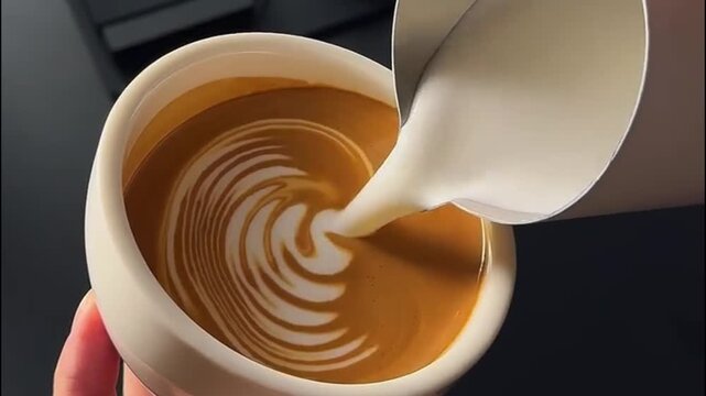 Barista pouring milk to craft winged heart tulip latte art in white cup