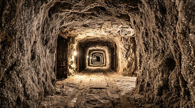 Deep underground tunnel corridor with warm lights in a salt mine
