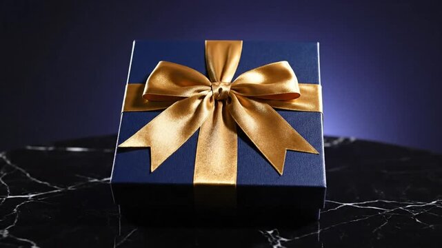 Luxurious gift box tied with a gold ribbon, elegantly displayed on a marble surface, perfect for celebrations