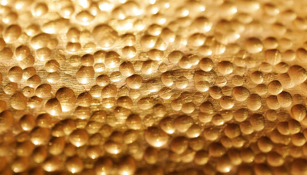 A luxurious macro shot of a hammered golden metal texture glowing with warm light. This elegant abstract background evokes wealth and craftsmanship. Perfect for design. Nobody.